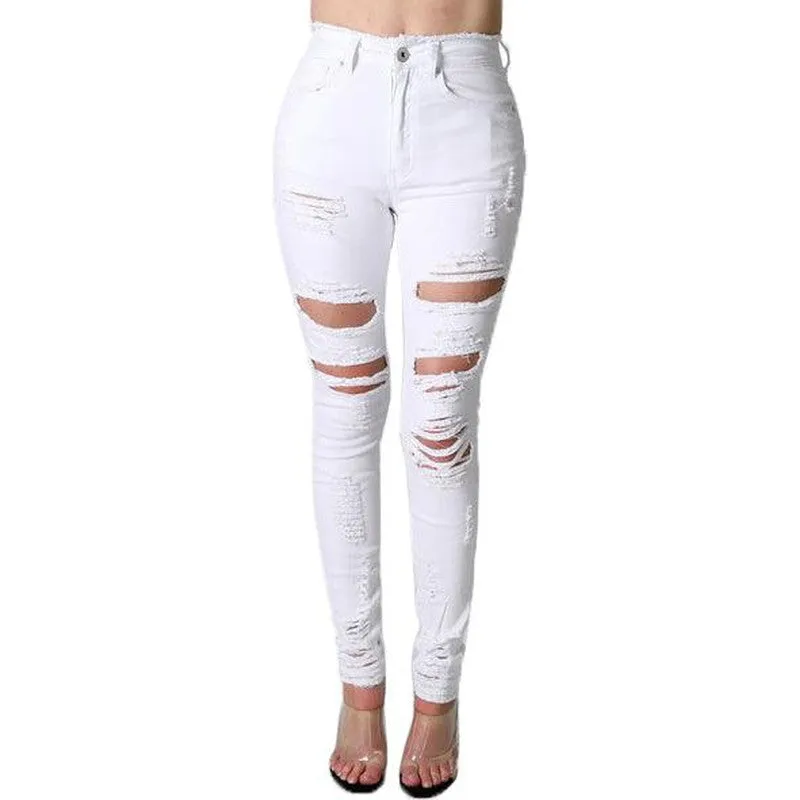 Women's high waist destroyed skinny jeans, White