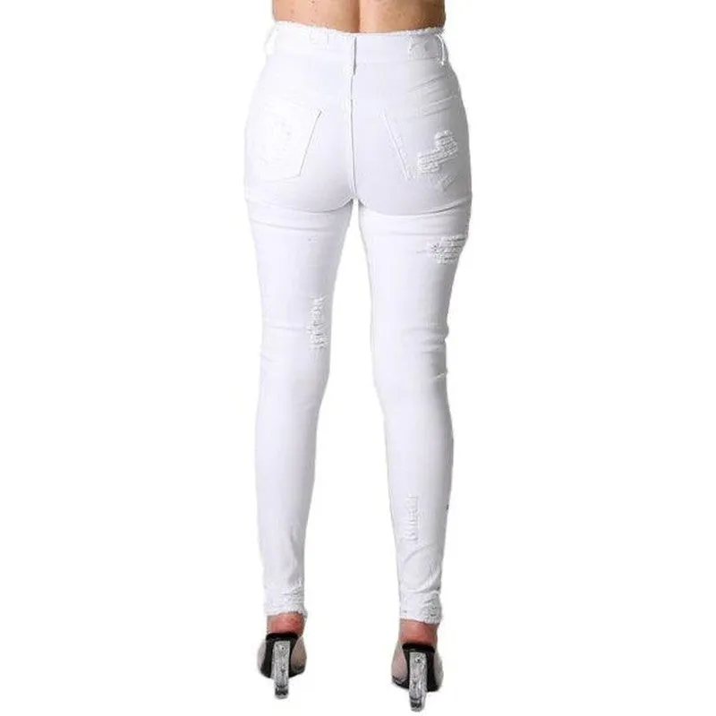 Women's high waist destroyed skinny jeans, White