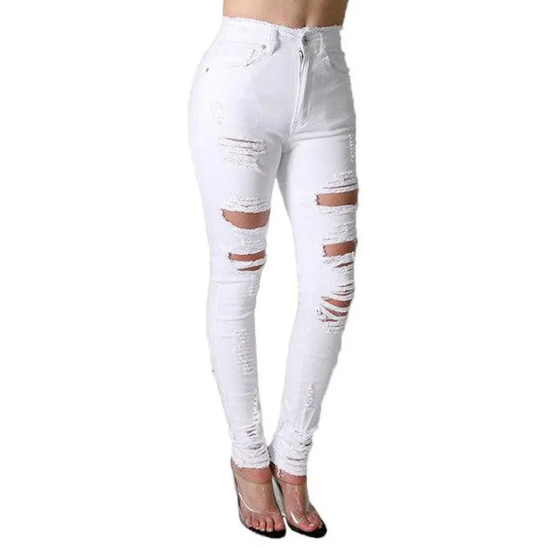 Women's high waist destroyed skinny jeans, White