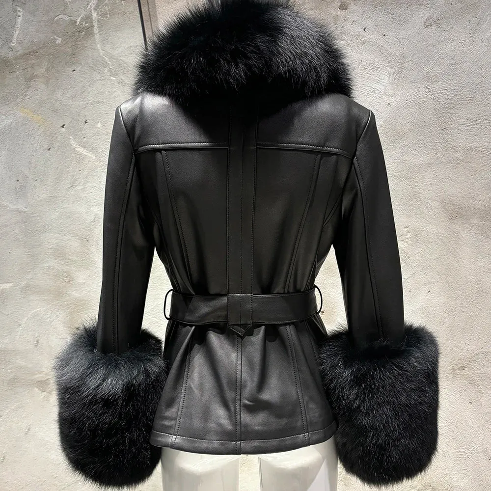 Women's Leather Coat with Fox Fur Collar