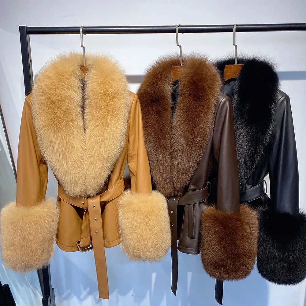 Women's Leather Coat with Fox Fur Collar