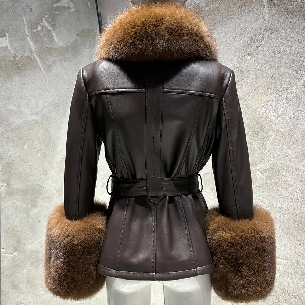 Women's Leather Coat with Fox Fur Collar