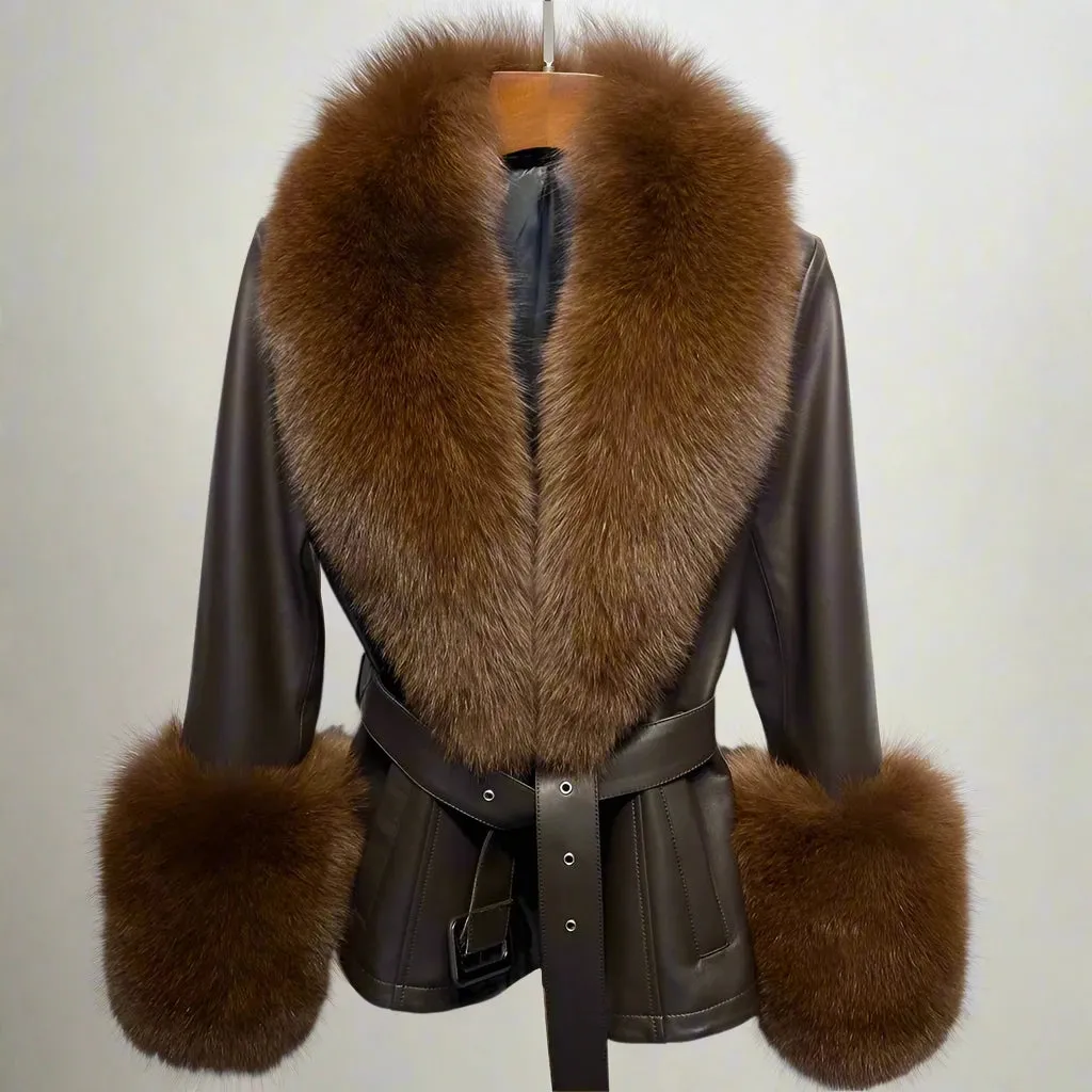 Women's Leather Coat with Fox Fur Collar