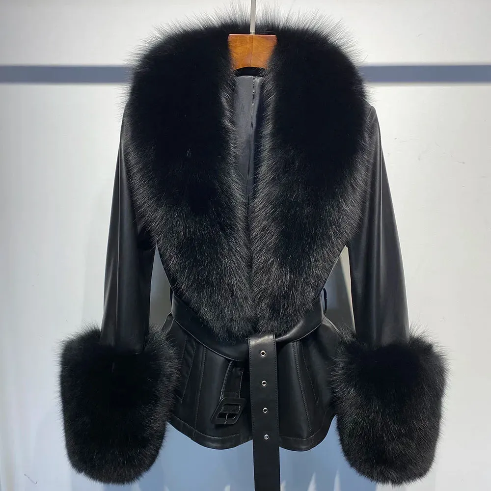 Women's Leather Coat with Fox Fur Collar