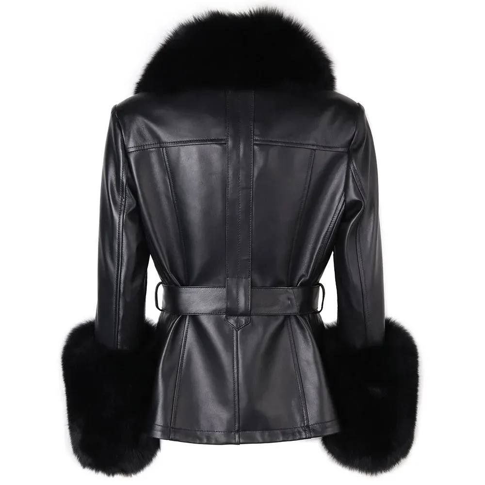 Women's Leather Coat with Fox Fur Collar