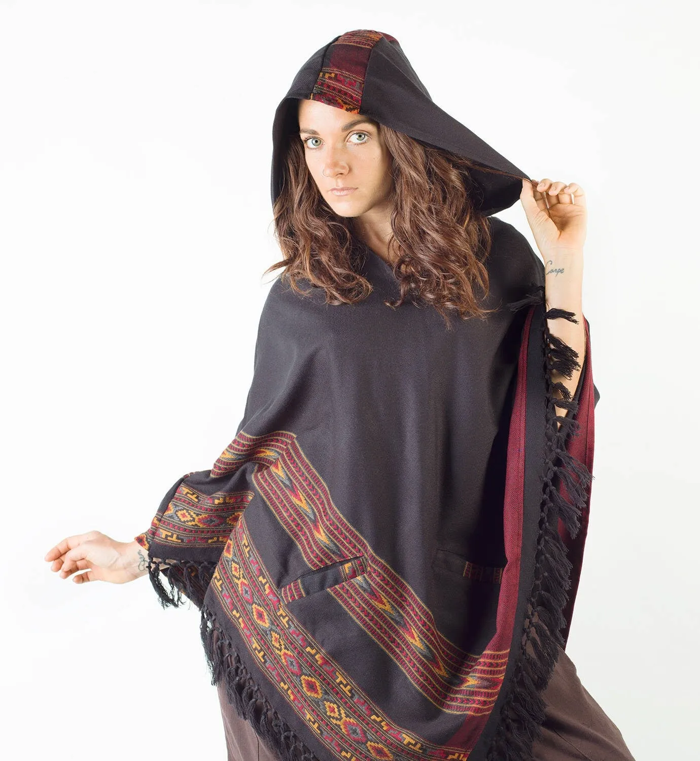 Womens Poncho Black Large Hood Yak Wool Pockets Tribal Embroidery Boho Pattern Gypsy Alternative Wild Festival Rave Mexican Primitive AJJAYA