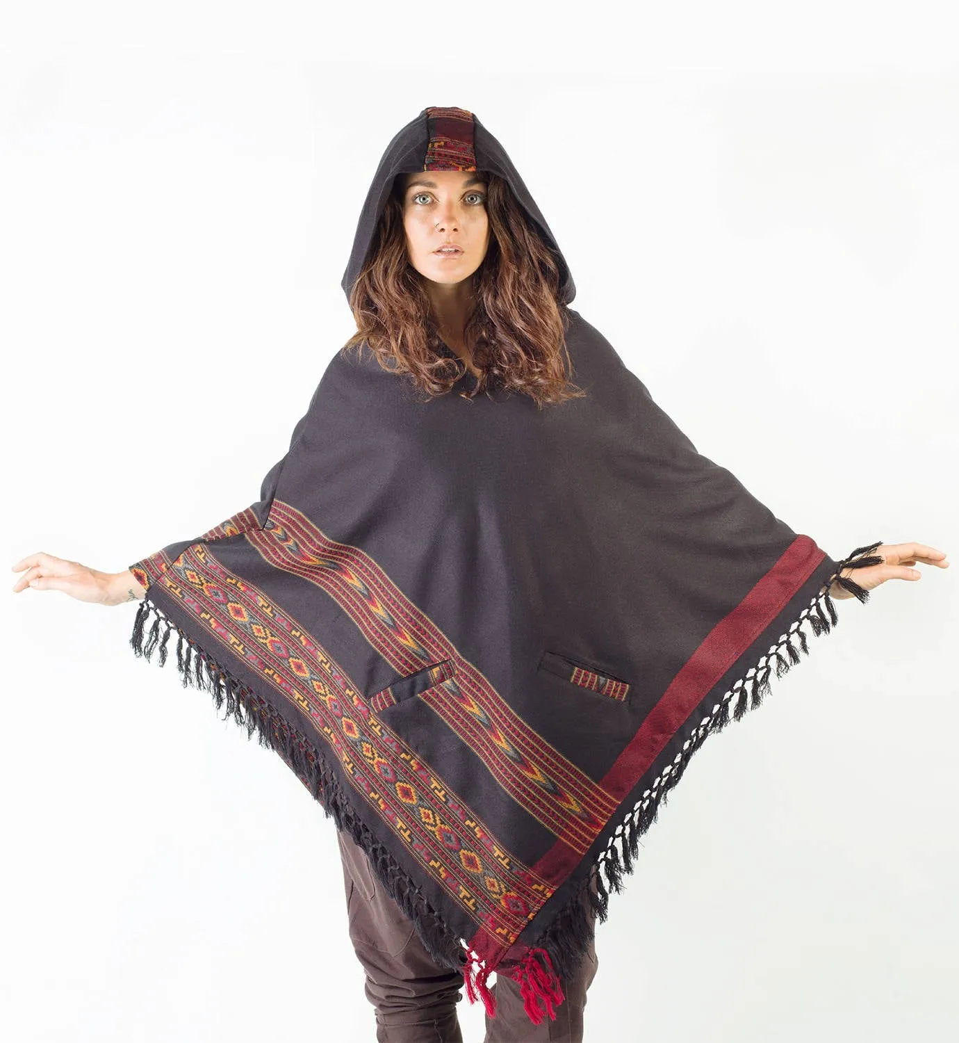 Womens Poncho Black Large Hood Yak Wool Pockets Tribal Embroidery Boho Pattern Gypsy Alternative Wild Festival Rave Mexican Primitive AJJAYA