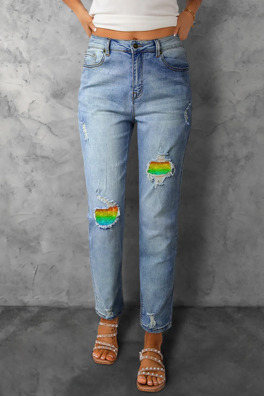 Womens Rainbow Jeans Patch Ripped Boyfriend Distressed Denim Pants