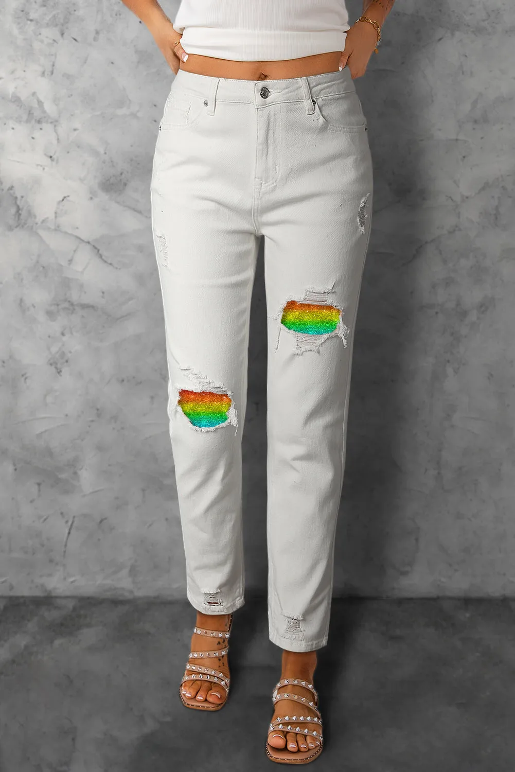 Womens Rainbow Jeans Patch Ripped Boyfriend Distressed Denim Pants