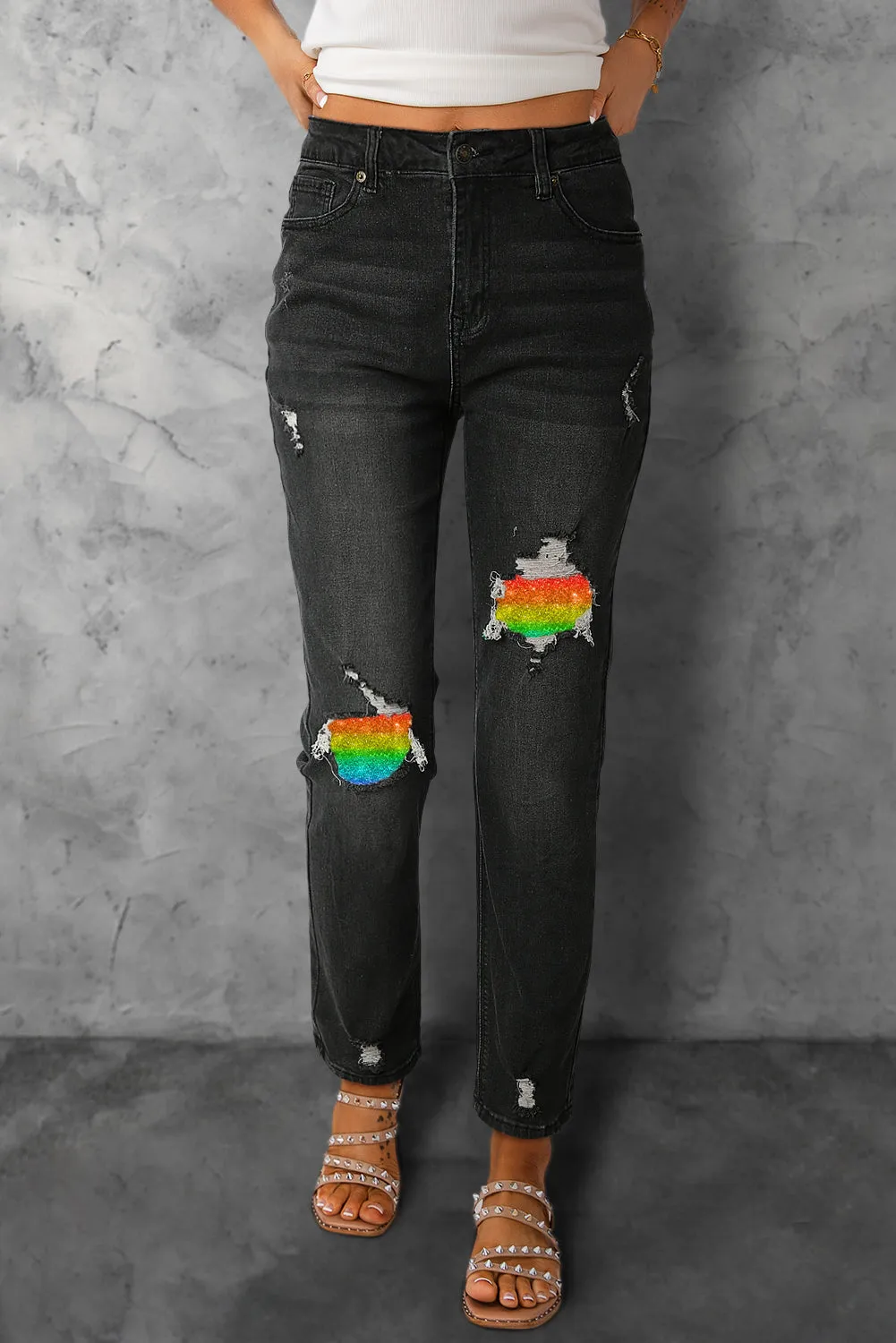 Womens Rainbow Jeans Patch Ripped Boyfriend Distressed Denim Pants