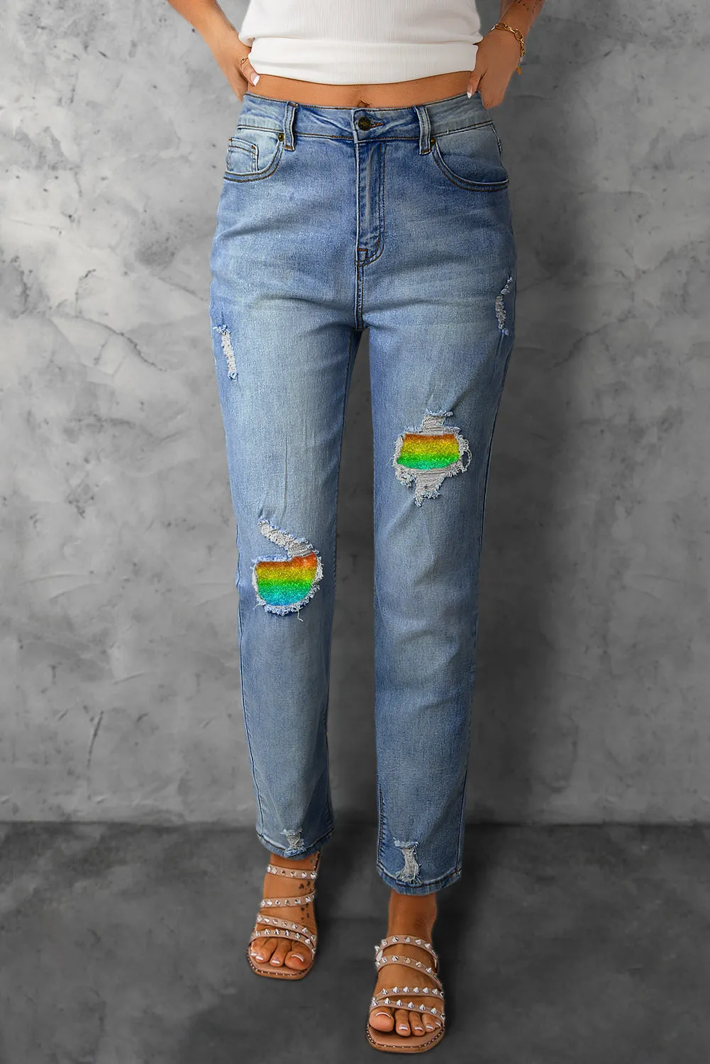 Womens Rainbow Jeans Patch Ripped Boyfriend Distressed Denim Pants