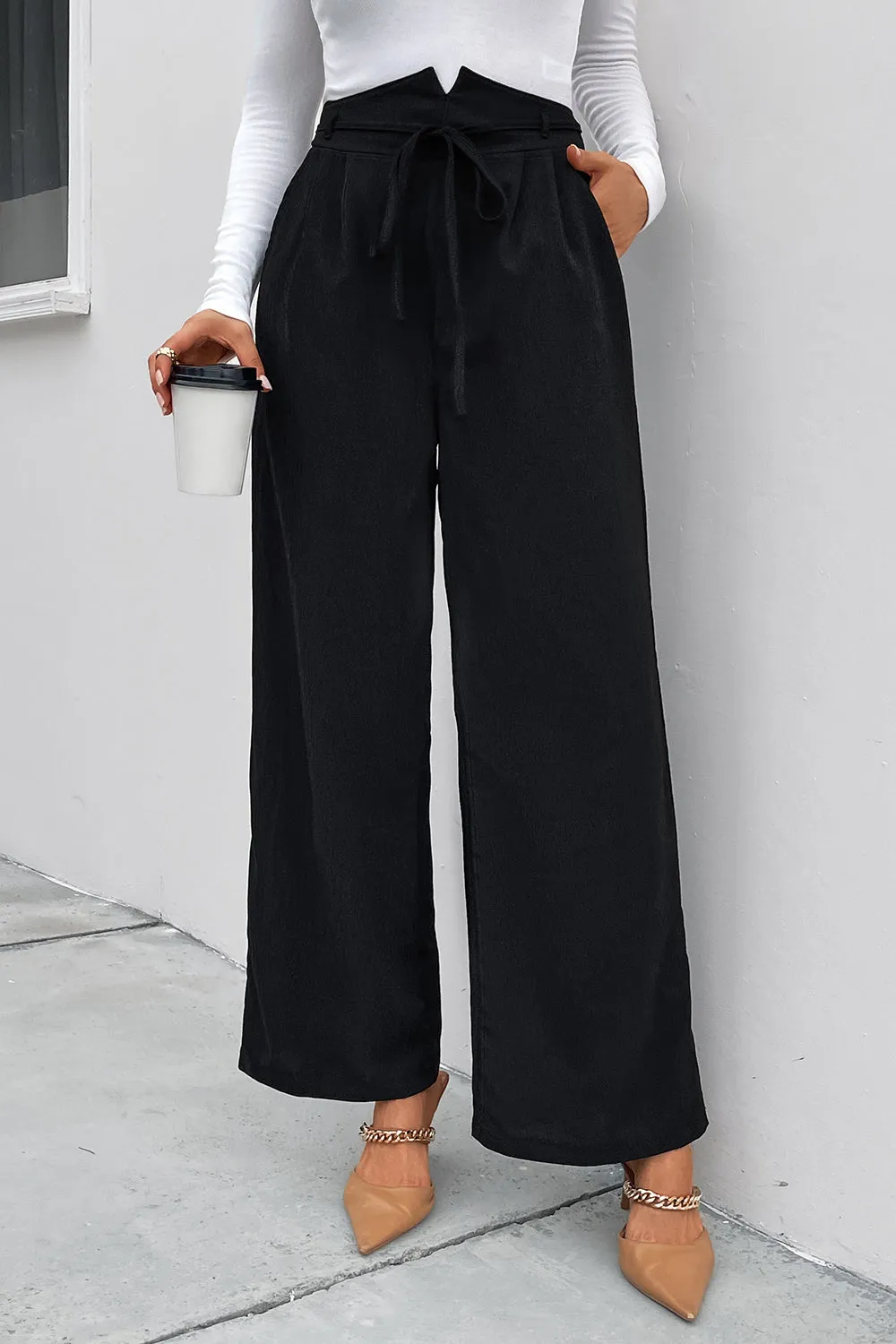 Women's Ruched Tie Front High Waist Wide Leg Pants