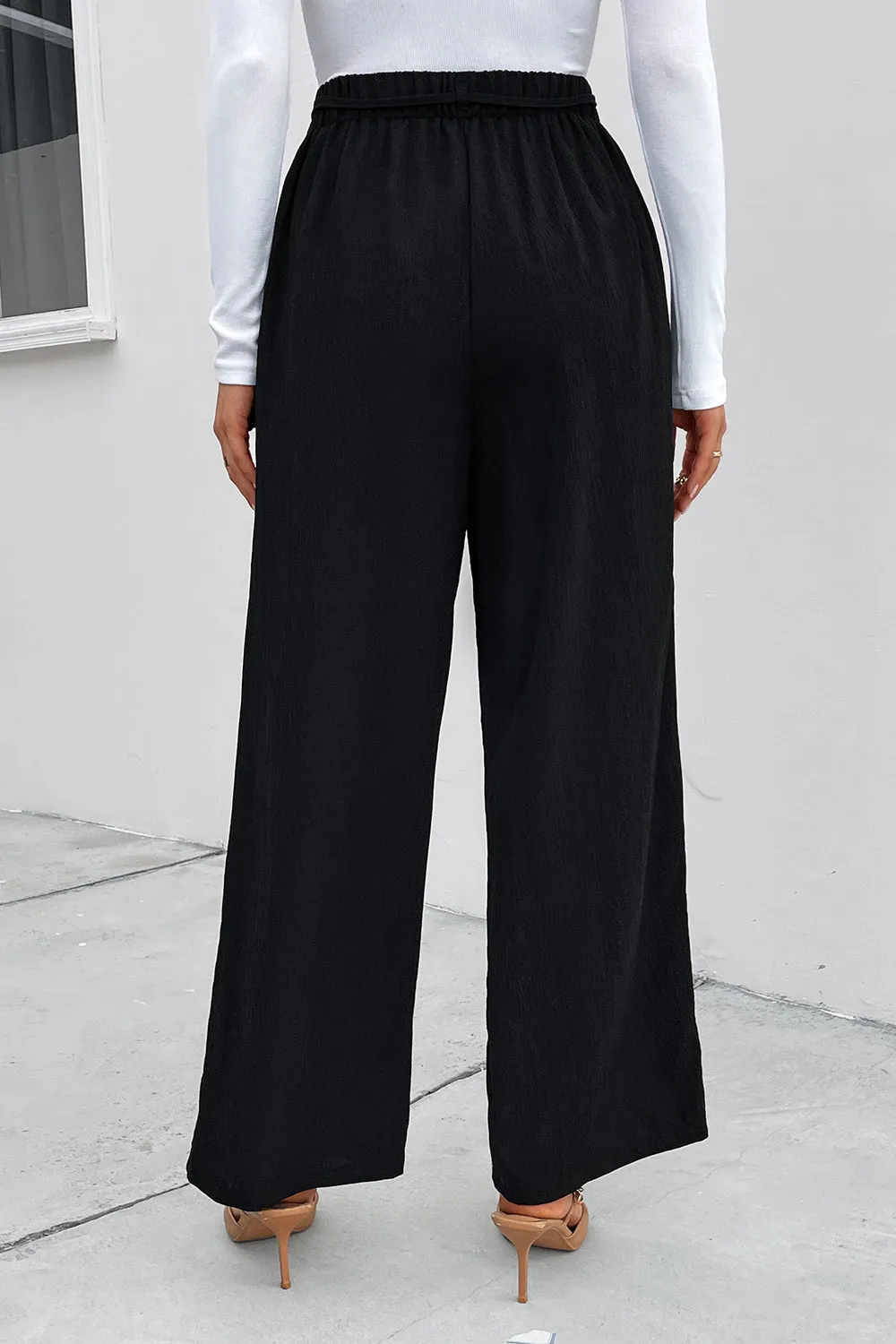 Women's Ruched Tie Front High Waist Wide Leg Pants