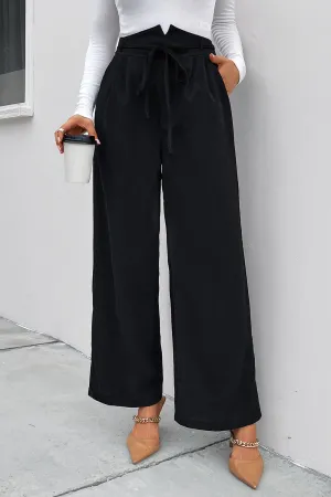 Women's Ruched Tie Front High Waist Wide Leg Pants