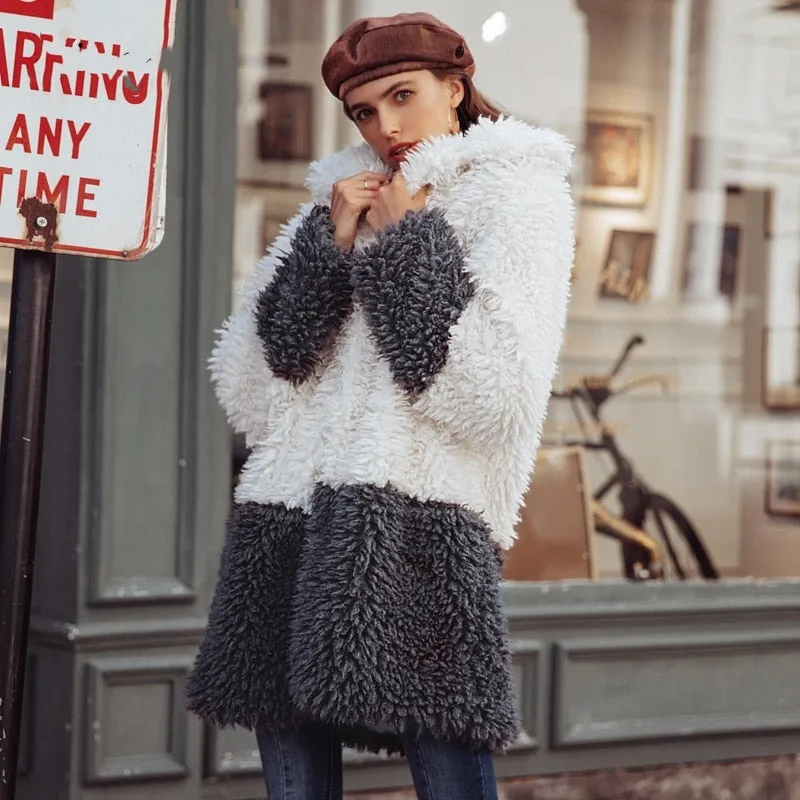 Women's Winter Fluffy Faux Fur Splice Coat