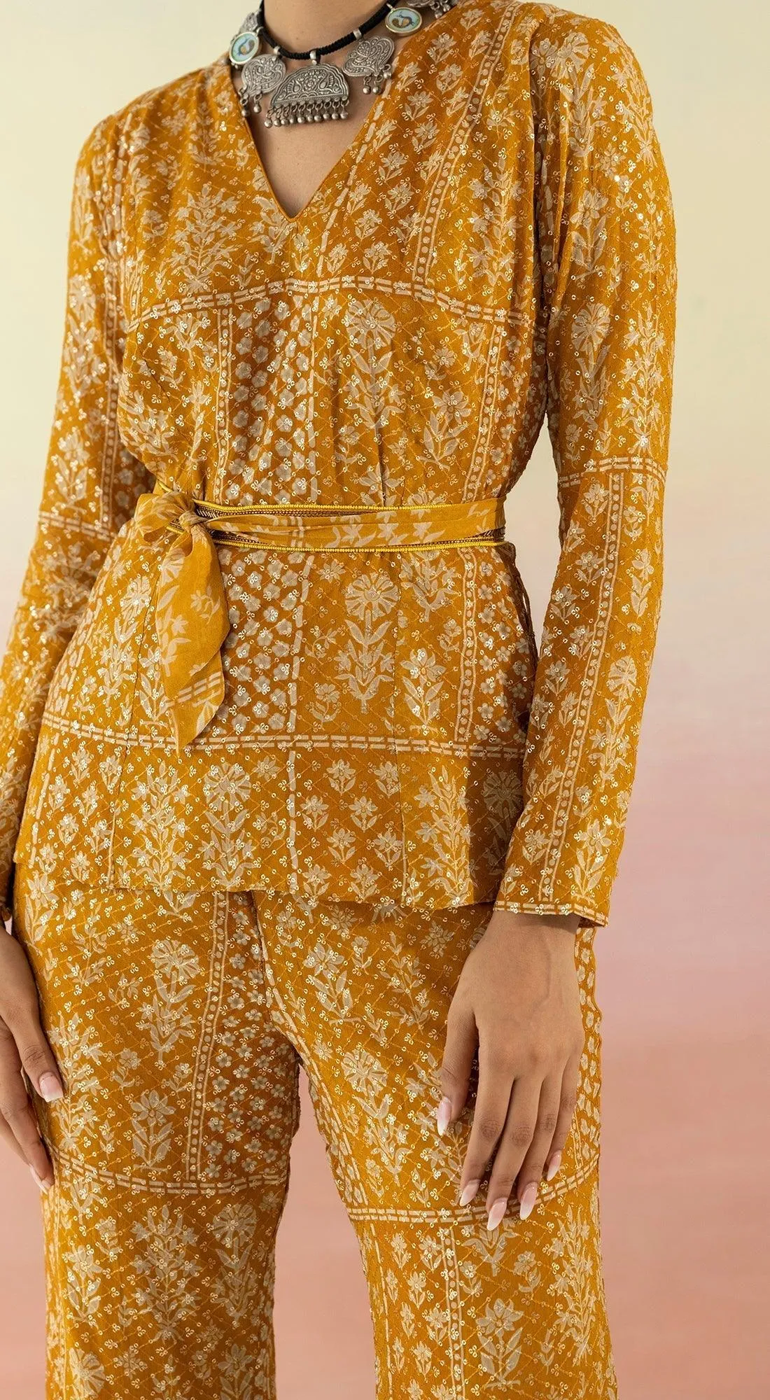 Yellow Printed Kurta With Flared Pants