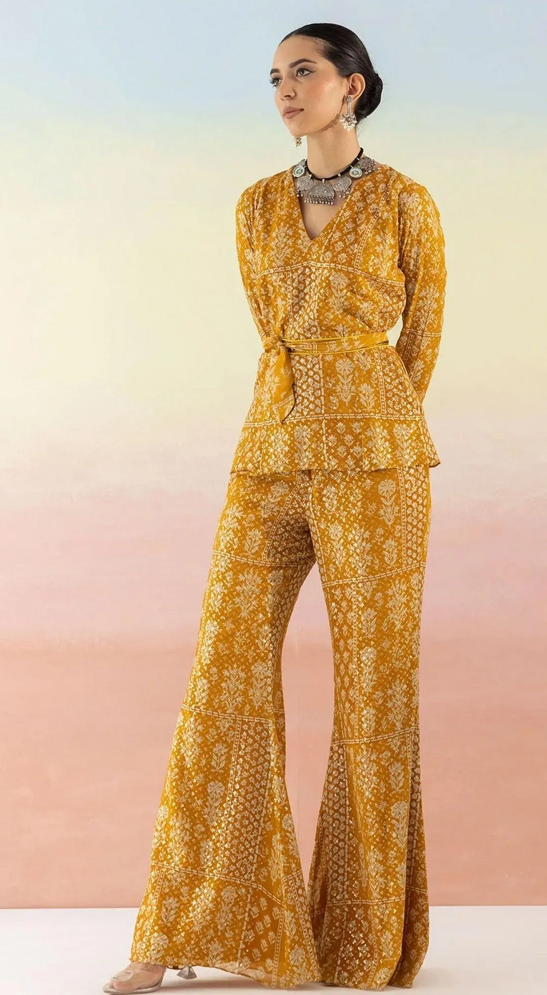 Yellow Printed Kurta With Flared Pants