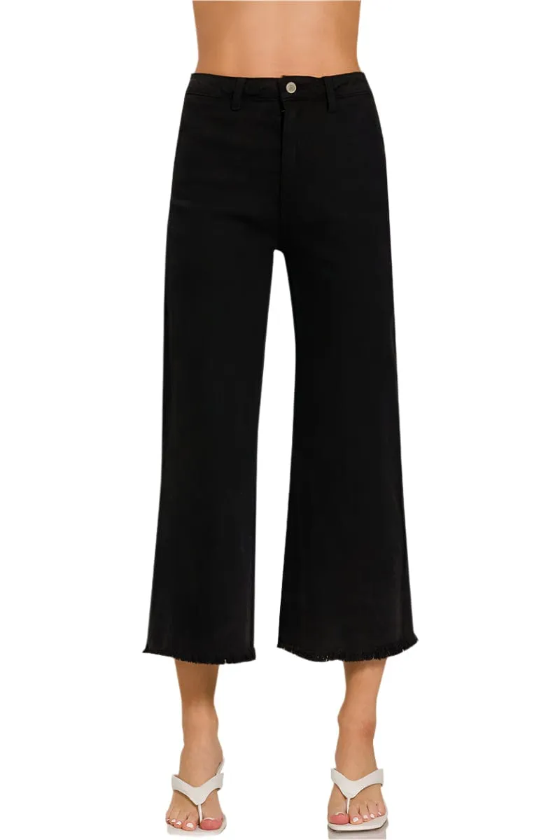 Zenana Acid Washed High Waist Frayed Hem Straight Pants