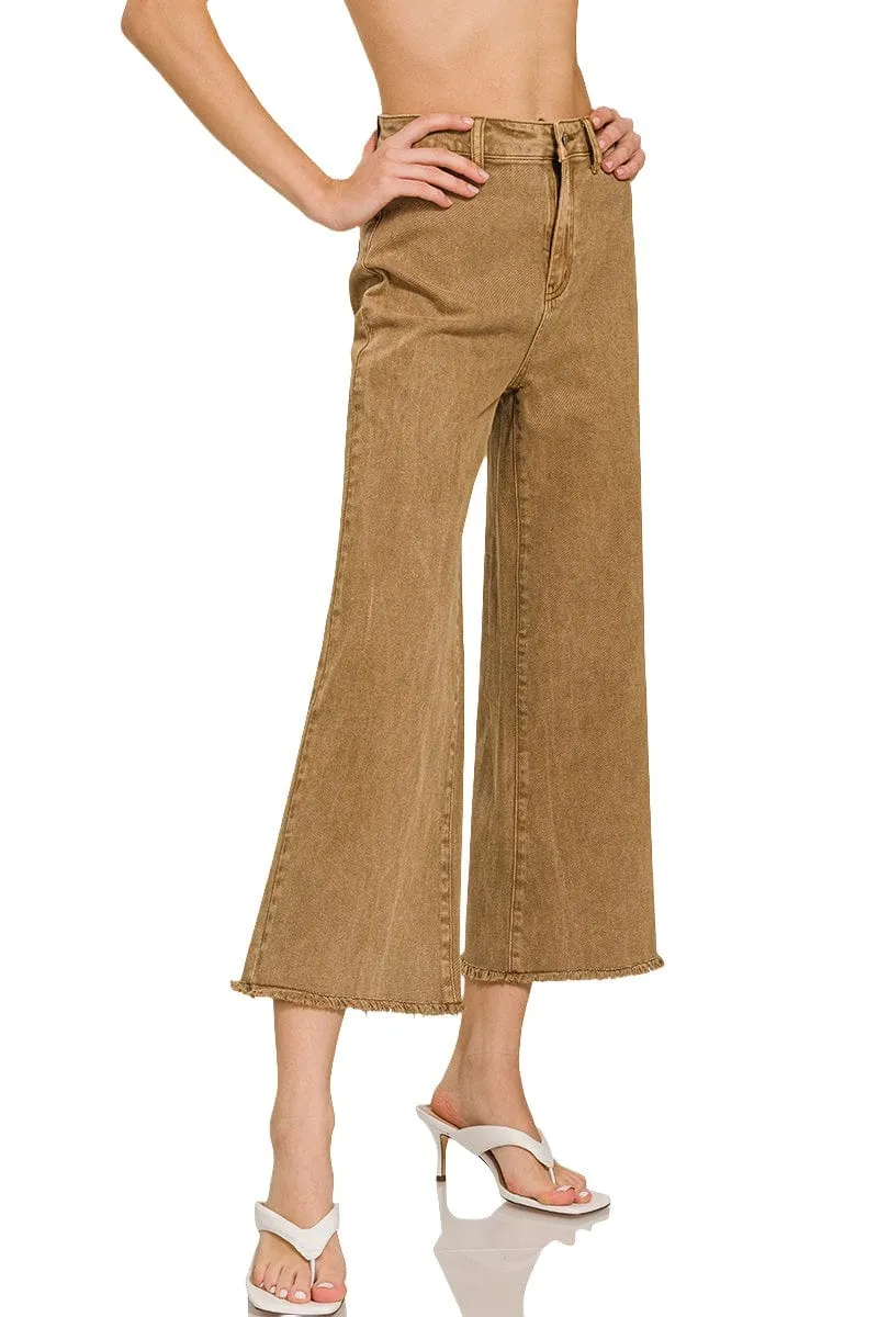 Zenana Acid Washed High Waist Frayed Hem Straight Pants