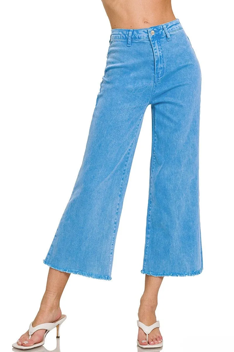 Zenana Acid Washed High Waist Frayed Hem Straight Pants