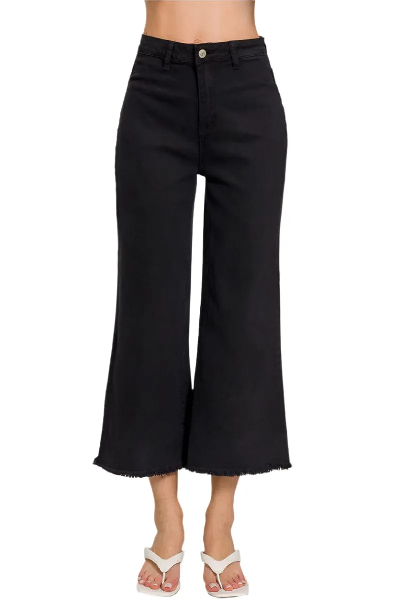 Zenana Acid Washed High Waist Frayed Hem Straight Pants