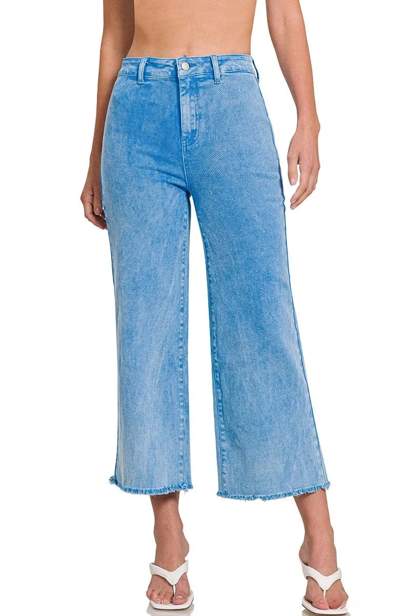 Zenana Acid Washed High Waist Frayed Hem Straight Pants