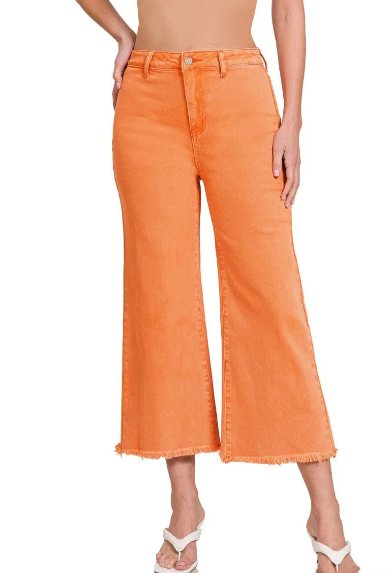 Zenana Acid Washed High Waist Frayed Hem Straight Pants