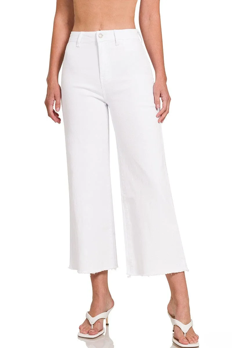 Zenana Acid Washed High Waist Frayed Hem Straight Pants