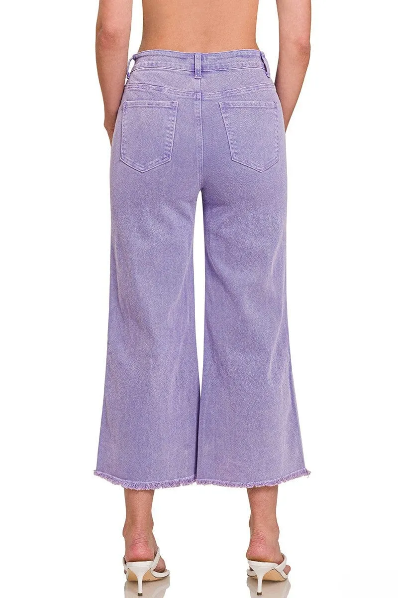 Zenana Acid Washed High Waist Frayed Hem Straight Pants