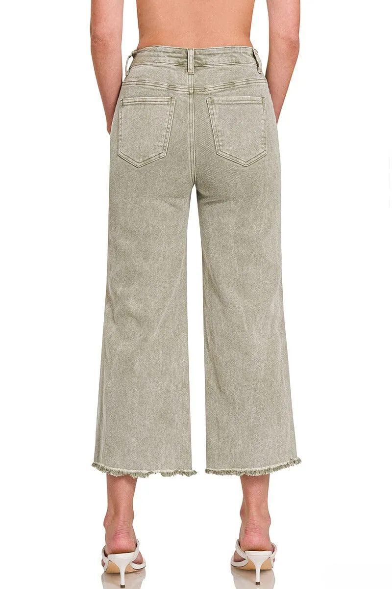 Zenana Acid Washed High Waist Frayed Hem Straight Pants